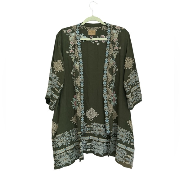 DRIFTWOOD Tops - Driftwood Green Joelle Embroidered Open Front Kimono Pockets Size Large